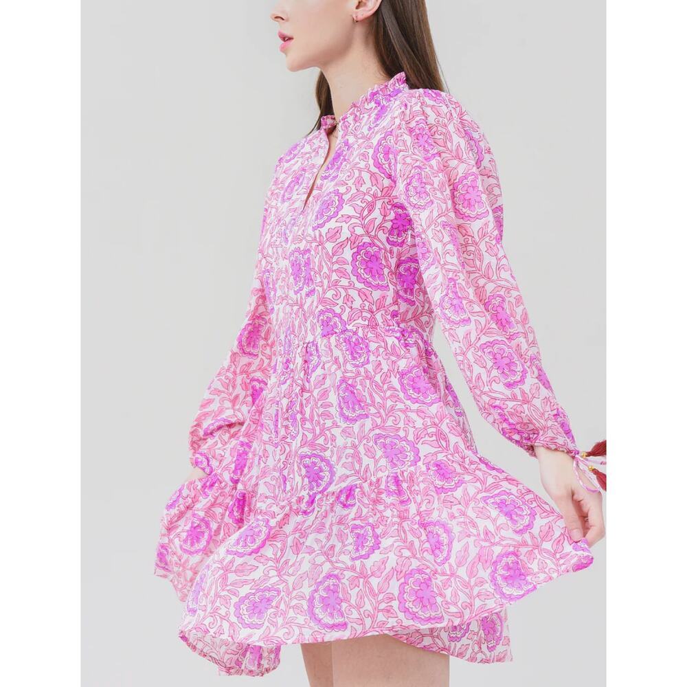 OLIPHANT Tuckernuck Long Sleeve Blouseon Yoke Mini Short Dress Malta Pink Print - Picture 3 of 9